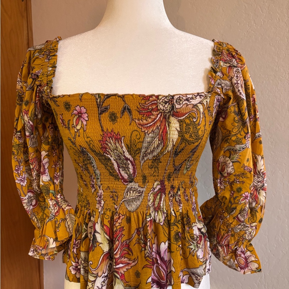 Boho Floral Smocked Blouse - Mustard